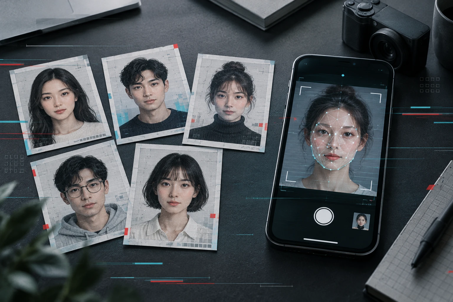 手机、人像卡片与抽象面部网格组成的AI生成人像编辑插画